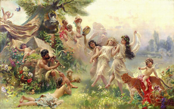 Gemälde von tanzenden Menschen in einem Wald Gemälde von tanzenden Menschen in einem Wald