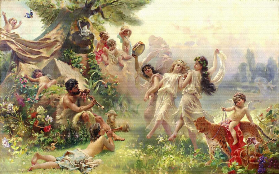 Gemälde von tanzenden Menschen in einem Wald
