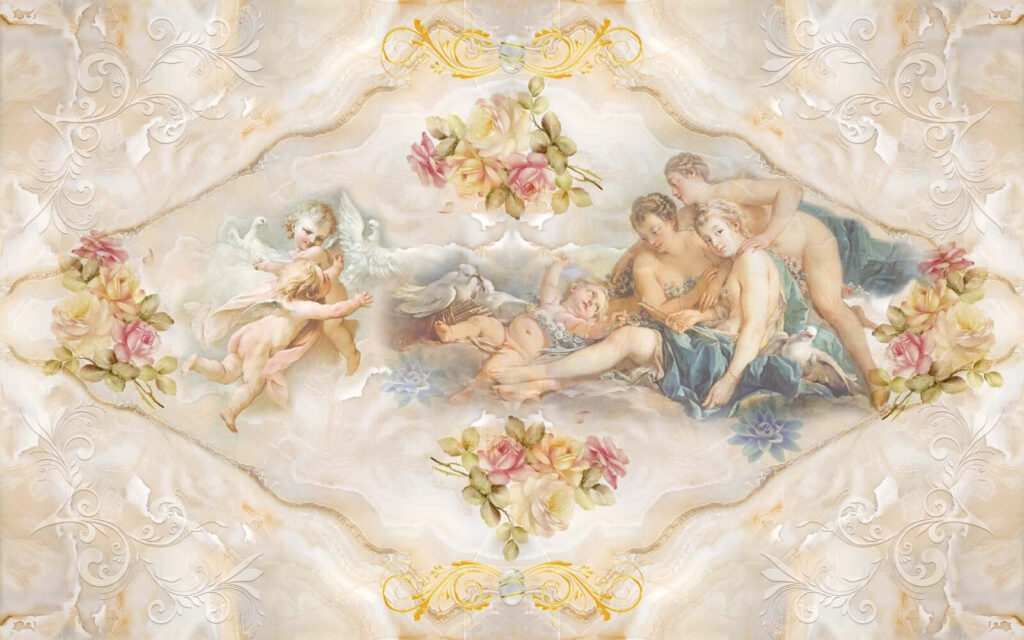 Gemälde von Engeln und Blumen Gemälde von Engeln und Blumen