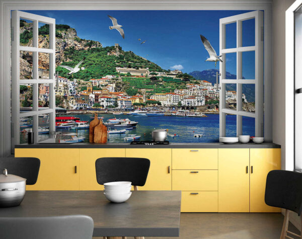 Fenster mit Blick auf eine Stadt und Boote Fototapeten Fenster mit Blick auf eine Stadt und Boote