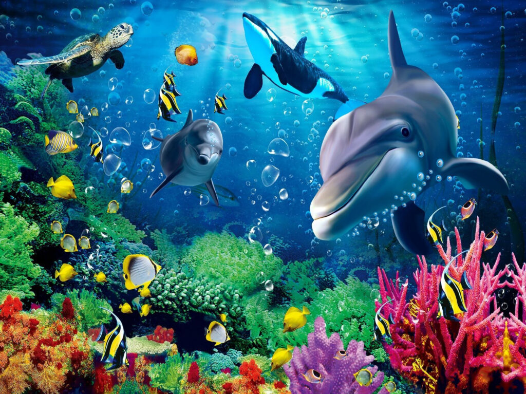 Eine Gruppe von Fischen schwimmt im Wasser Eine Gruppe von Fischen schwimmt im Wasser