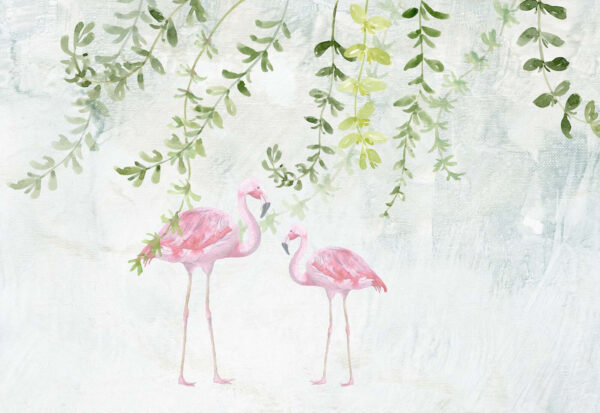 Zwei rosa Flamingos mit grünen Blättern Zwei rosa Flamingos mit grünen Blättern