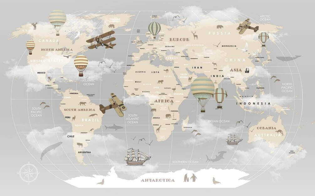 Weltkarte mit Flugzeugen und Heißluftballons Weltkarte mit Flugzeugen und Heißluftballons