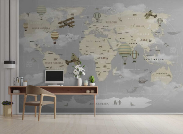 Weltkarte mit Flugzeugen und Heißluftballons Weltkarte mit Flugzeugen und Heißluftballons
