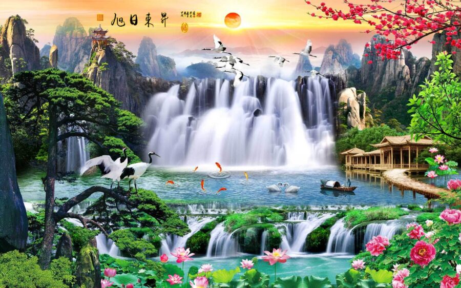 Wasserfall mit Vögeln und Blumen Wasserfall mit Vögeln und Blumen