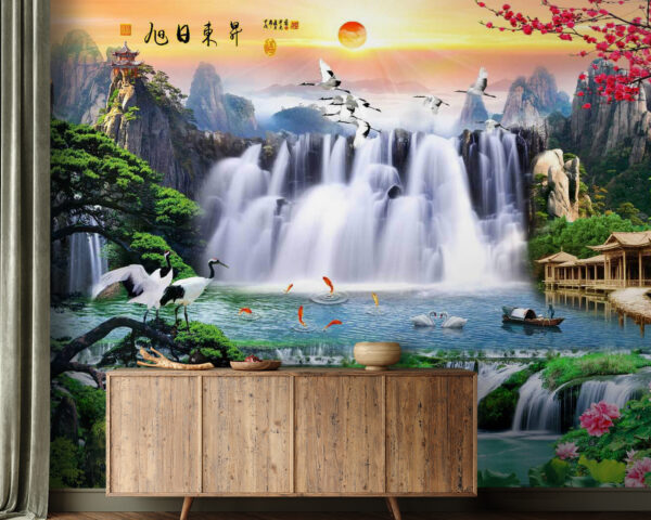 Wasserfall mit Vögeln und Blumen Wasserfall mit Vögeln und Blumen