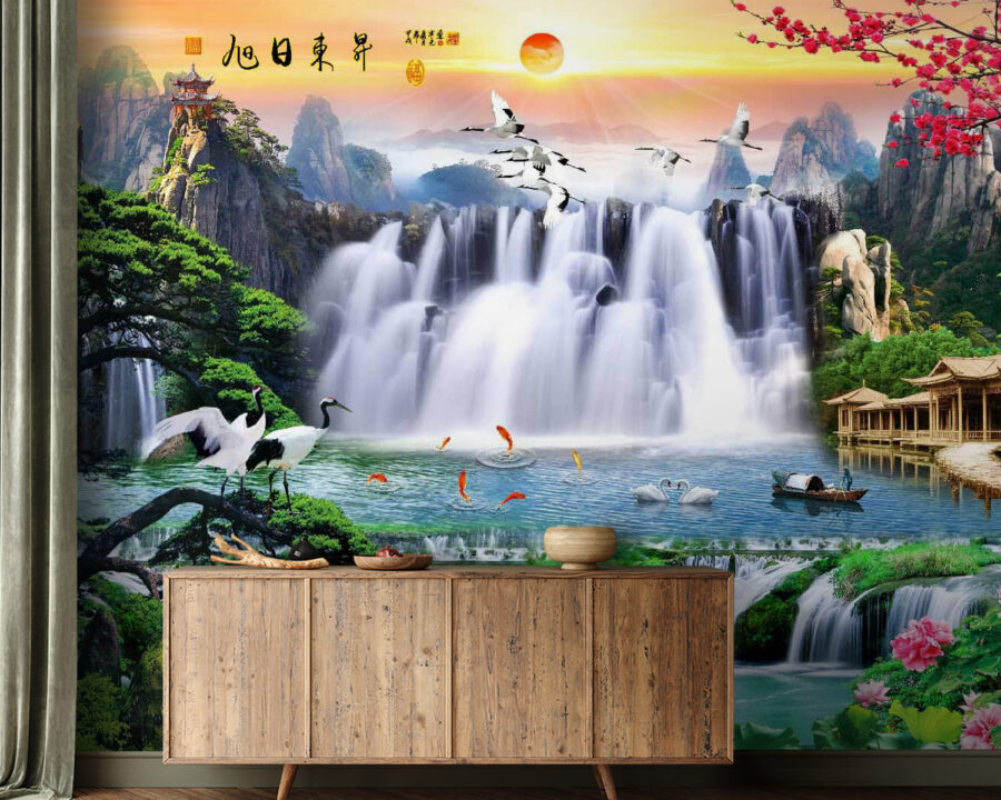 Wasserfall mit Vögeln und Blumen Wasserfall mit Vögeln und Blumen