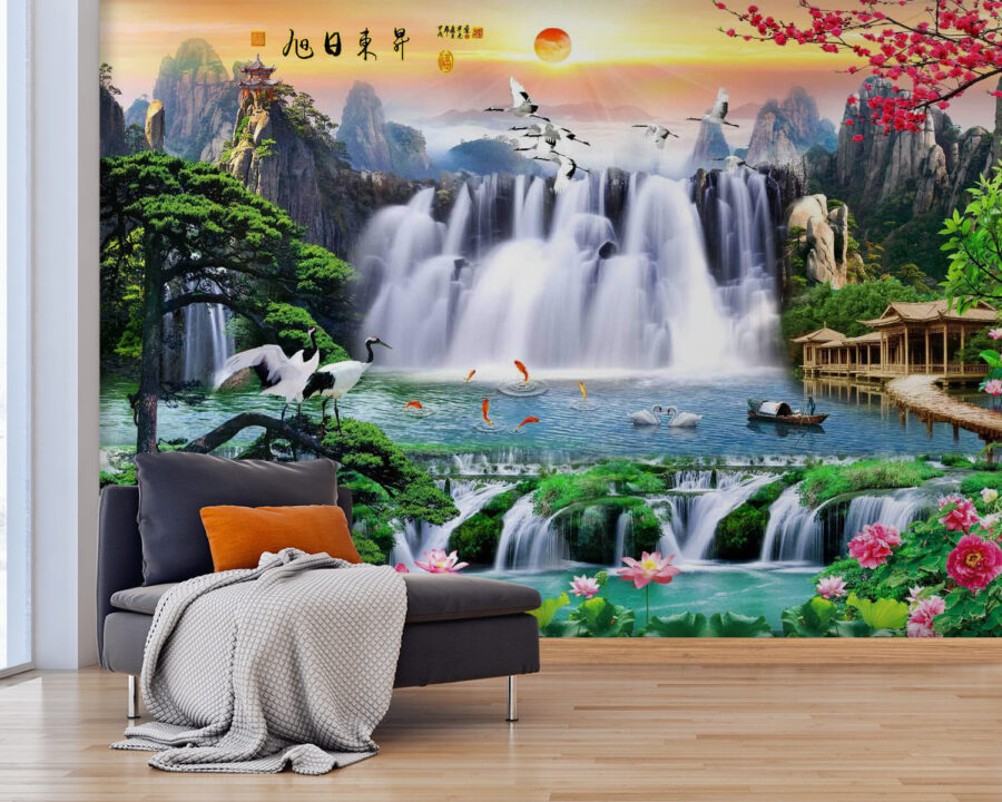 Wasserfall mit Vögeln und Blumen Wasserfall mit Vögeln und Blumen