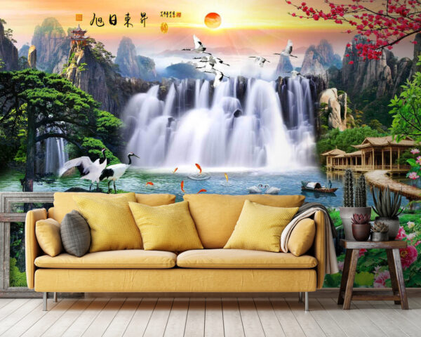 Wasserfall mit Vögeln und Blumen Wasserfall mit Vögeln und Blumen