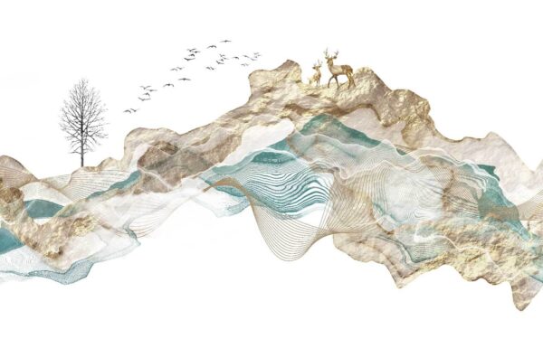 Gemälde eines Berges mit herumfliegenden Vögeln Gemälde eines Berges mit herumfliegenden Vögeln