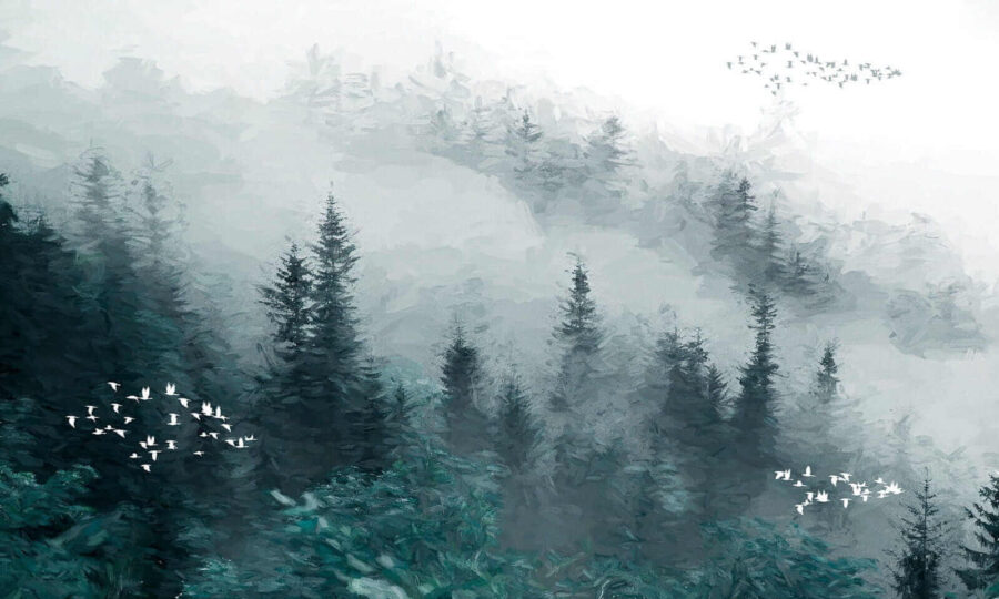 Nebliger Wald mit fliegenden Vögeln Nebliger Wald mit fliegenden Vögeln