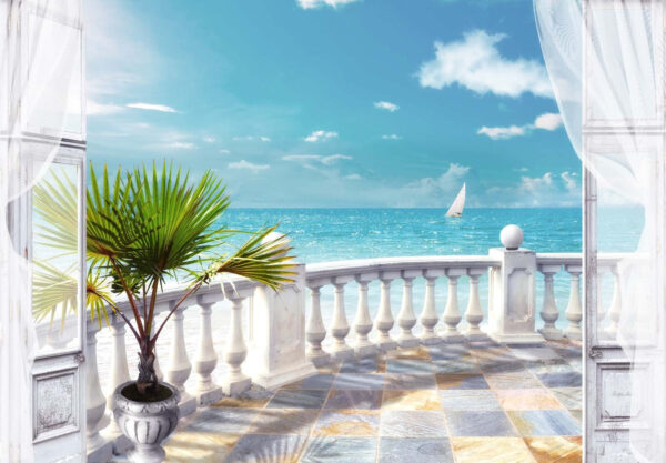 Balkon mit einer Palme und einem Segelboot im Wasser Balkon mit einer Palme und einem Segelboot im Wasser