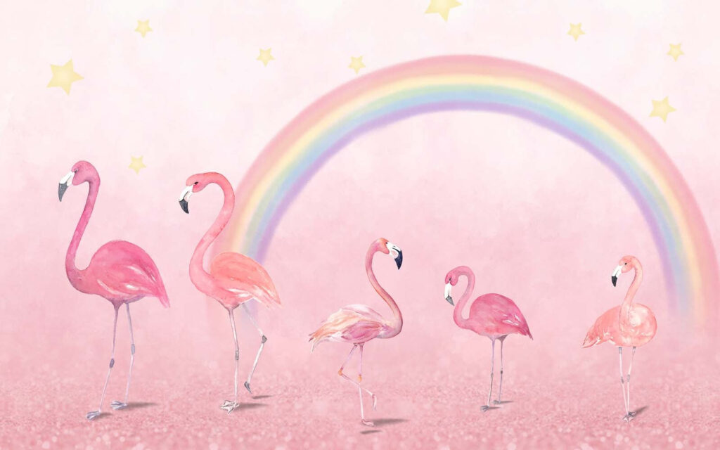 Gruppe von Flamingos mit einem Regenbogen Gruppe von Flamingos mit einem Regenbogen