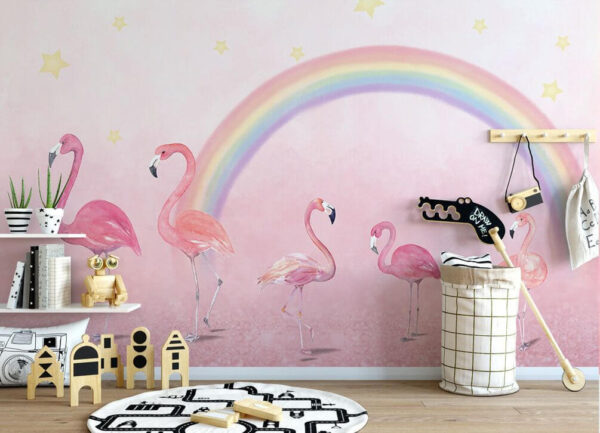 Gruppe von Flamingos mit einem Regenbogen Gruppe von Flamingos mit einem Regenbogen