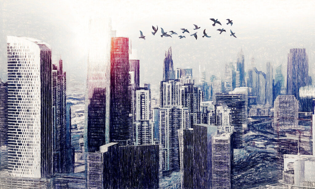 Vögel fliegen über eine Stadt Vögel fliegen über eine Stadt