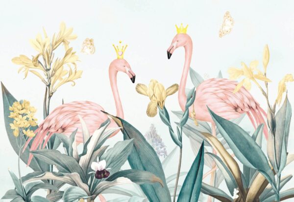 Gruppe von Flamingos mit Kronen und Blumen Gruppe von Flamingos mit Kronen und Blumen