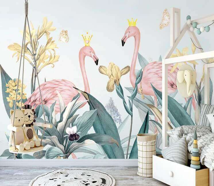 Gruppe von Flamingos mit Kronen und Blumen Gruppe von Flamingos mit Kronen und Blumen