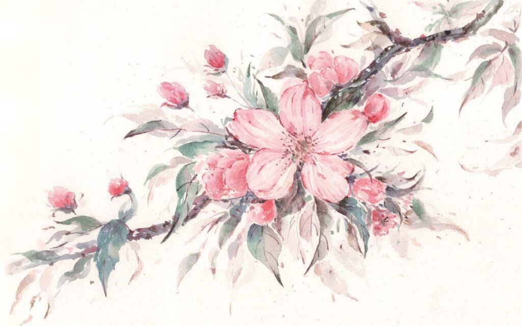 Malerei von rosa Blumen auf einem Zweig Malerei von rosa Blumen auf einem Zweig