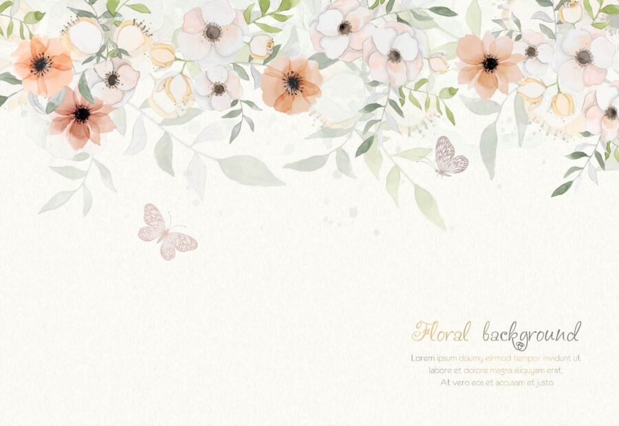 Weißer Hintergrund mit Blumen und Schmetterlingen