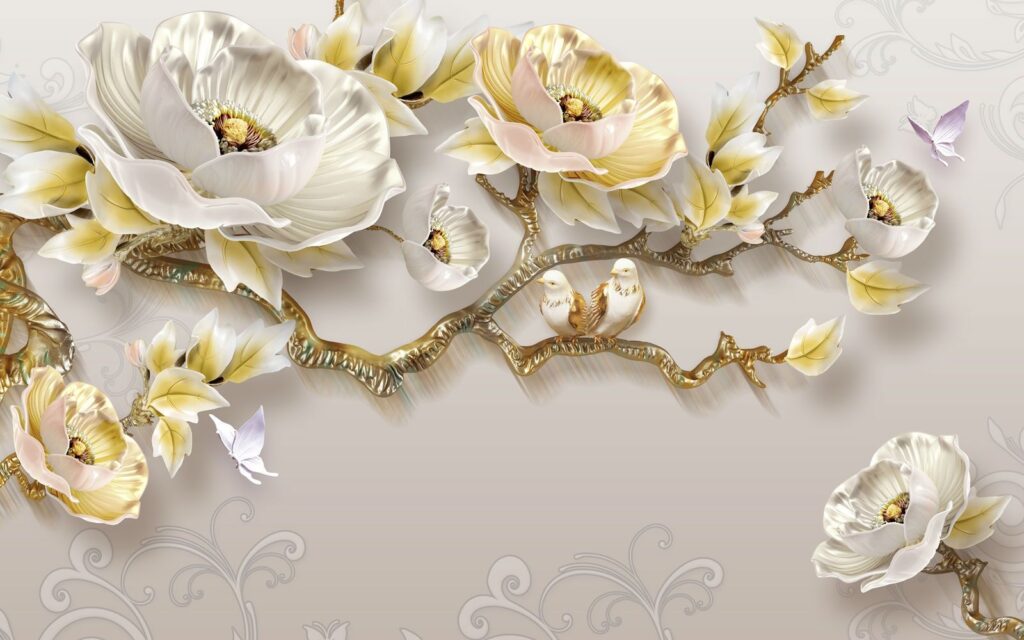 Tapete mit Blumen und Vögeln Tapete mit Blumen und Vögeln