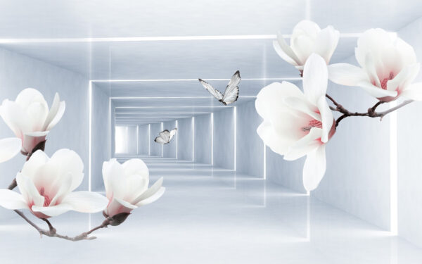 Weiße Blumen und Schmetterlinge in einem Raum Weiße Blumen und Schmetterlinge in einem Raum