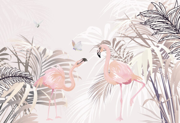 Rosa Flamingos und Schmetterlinge in einem tropischen Garten Rosa Flamingos und Schmetterlinge in einem tropischen Garten