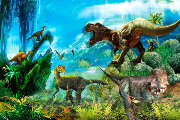 Gruppe von Dinosauriern in einem Wald Gruppe von Dinosauriern in einem Wald