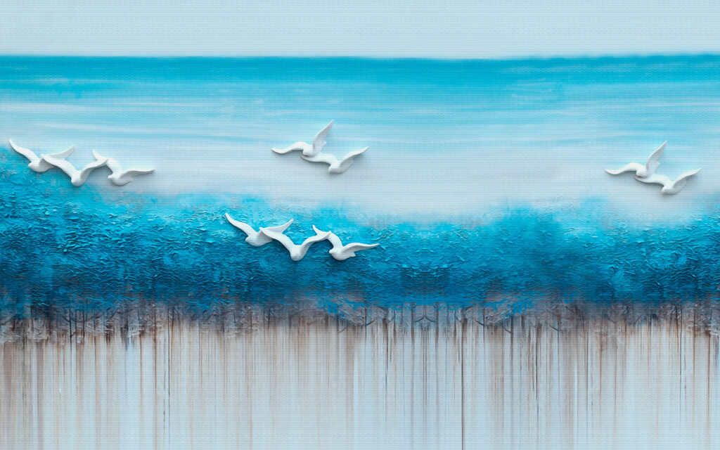Gemälde von Vögeln, die über einen blauen Ozean fliegen Gemälde von Vögeln, die über einen blauen Ozean fliegen
