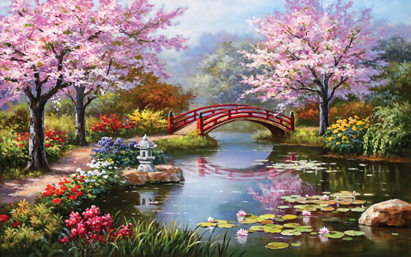 Gemälde eines Teiches mit einer Brücke und Blumen u35418p 600x375 - Gemälde eines Teiches mit einer Brücke und Blumen