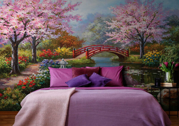 Gemälde eines Teiches mit einer Brücke und Blumen u35418pib1 600x424 - Gemälde eines Teiches mit einer Brücke und Blumen