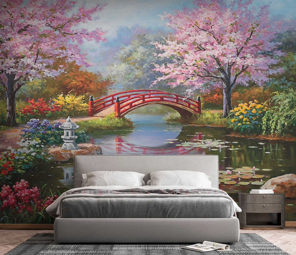 Gemälde eines Teiches mit einer Brücke und Blumen u35418pib3 1024x883 - Gemälde eines Teiches mit einer Brücke und Blumen