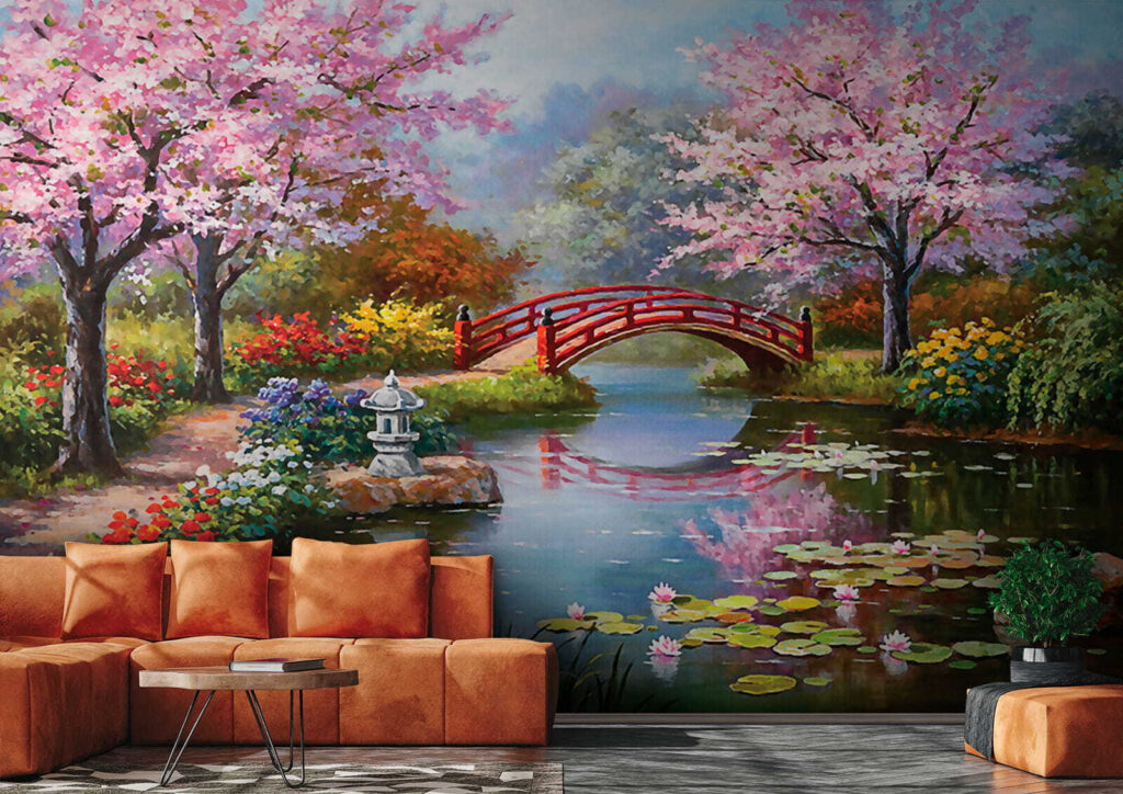 Gemälde eines Teiches mit einer Brücke und Blumen u35418pig2 1024x724 - Gemälde eines Teiches mit einer Brücke und Blumen