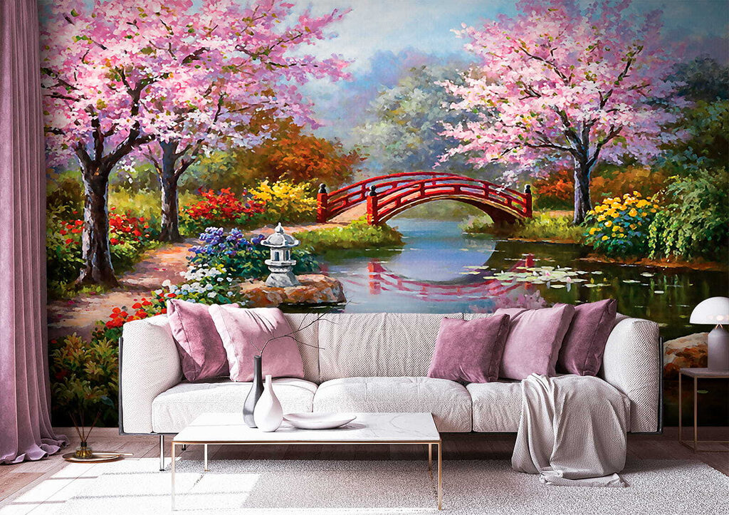 Gemälde eines Teiches mit einer Brücke und Blumen u35418pig3m 1024x723 - Gemälde eines Teiches mit einer Brücke und Blumen