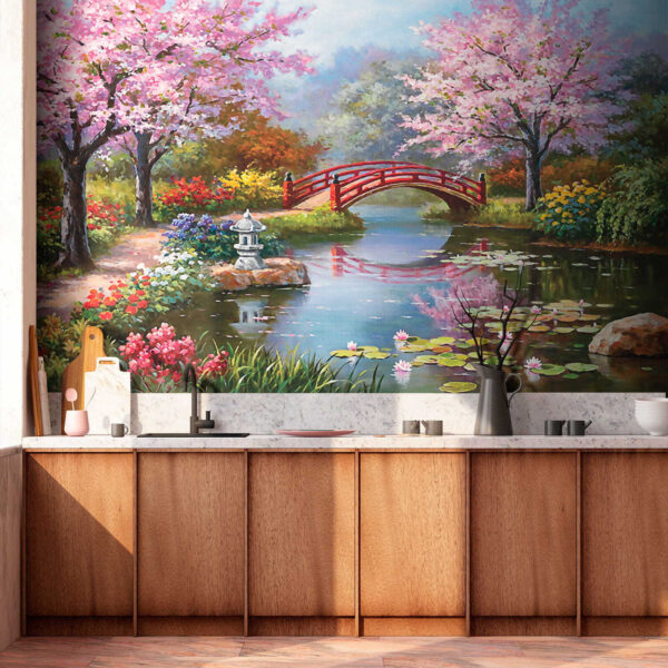 Gemälde eines Teiches mit einer Brücke und Blumen u35418pik2 600x600 - Gemälde eines Teiches mit einer Brücke und Blumen