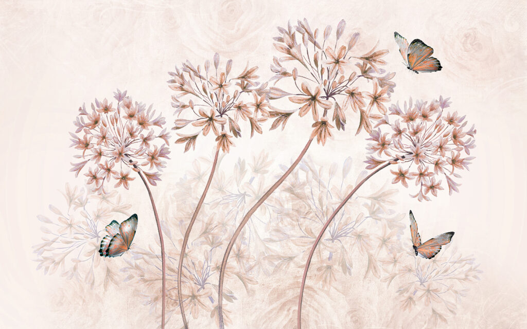 Ein Gemälde mit Blumen und Schmetterlingen Ein Gemälde mit Blumen und Schmetterlingen