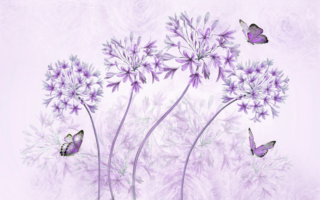 Lila Blumen mit Schmetterlingen darauf Lila Blumen mit Schmetterlingen darauf