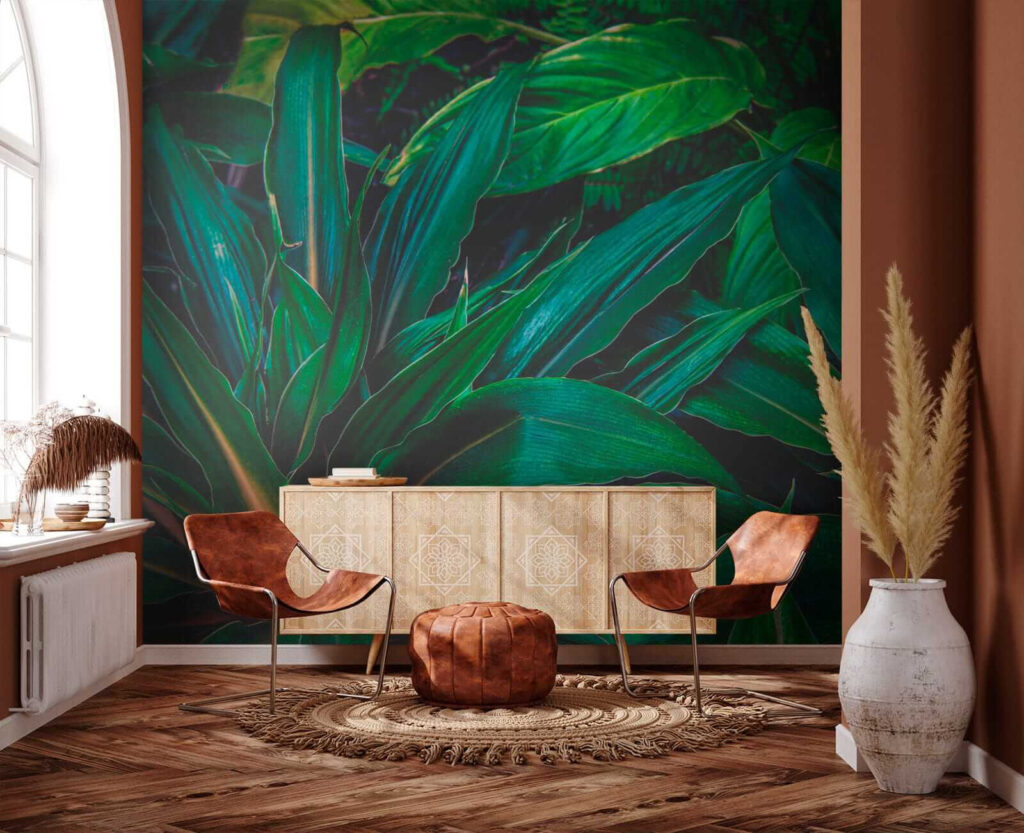 Lush tropical leaves in vibrant green