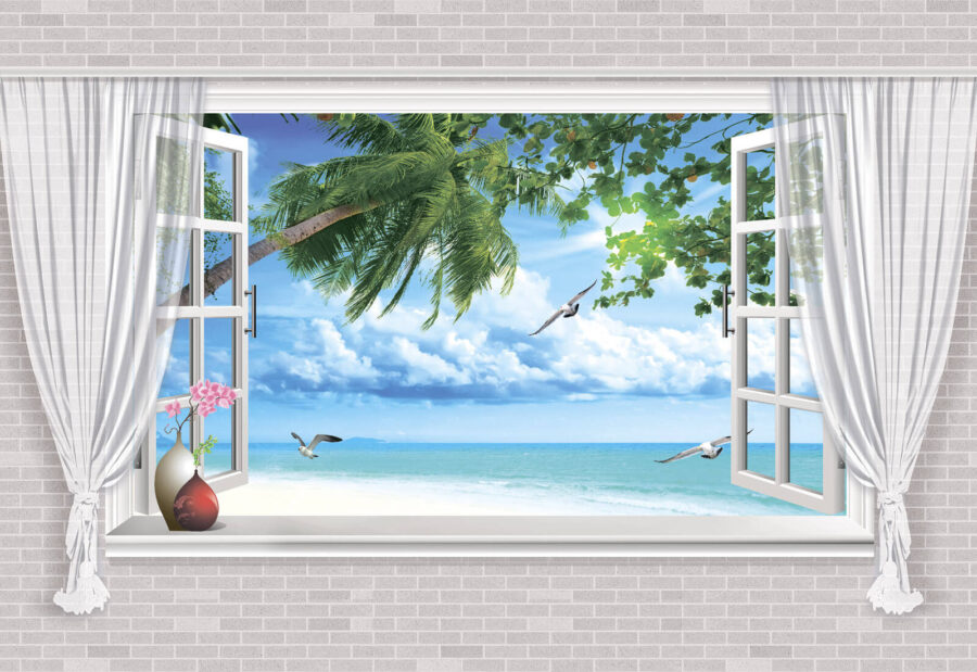 Fenster mit Blick auf den Strand und die Vögel