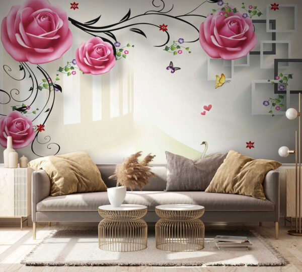 Tapete mit Rosen und Vögeln Tapete mit Rosen und Vögeln