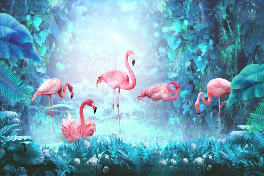 Gruppe von rosa Flamingos in einem Wald