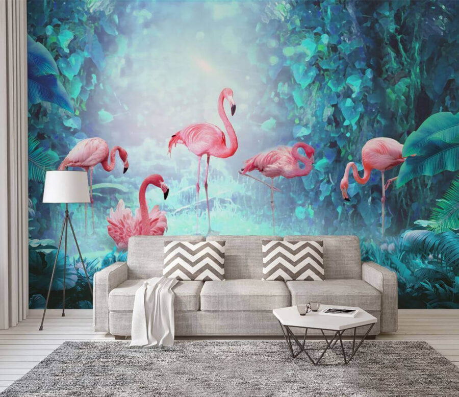 Gruppe von rosa Flamingos in einem Wald