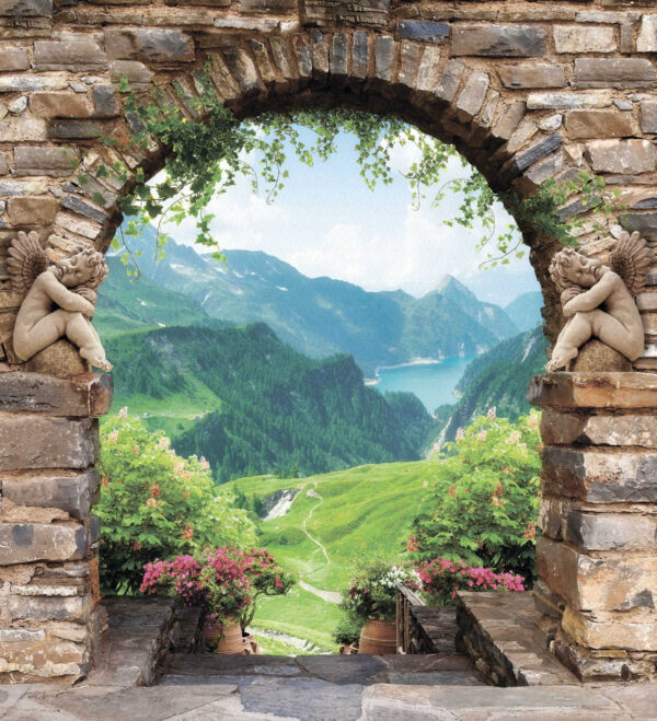 Steinbogen mit Steinstatuen und Blick auf ein Tal und Berge Steinbogen mit Steinstatuen und Blick auf ein Tal und Berge