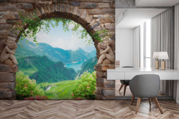 Steinbogen mit Steinstatuen und Blick auf ein Tal und Berge Steinbogen mit Steinstatuen und Blick auf ein Tal und Berge