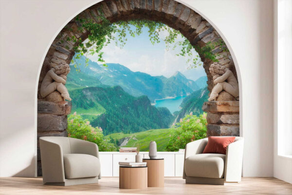 Steinbogen mit Steinstatuen und Blick auf ein Tal und Berge Steinbogen mit Steinstatuen und Blick auf ein Tal und Berge