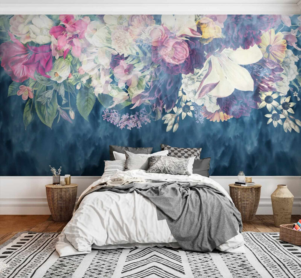 Group of flowers in a blue background