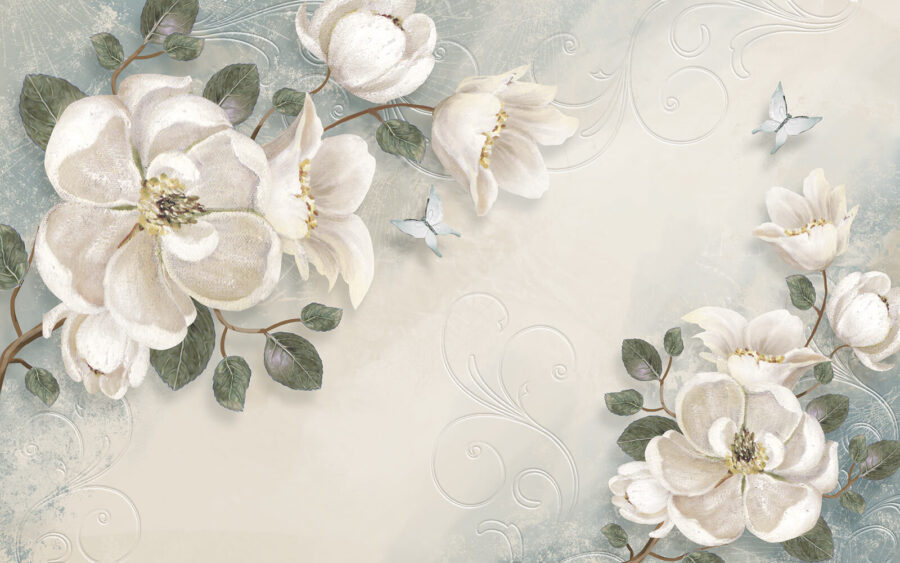 Weiße Blumen und Blätter auf einem weißen Hintergrund