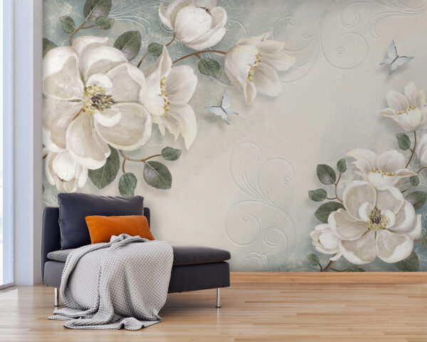 Weiße Blumen und Blätter auf einem weißen Hintergrund Weiße Blumen und Blätter auf einem weißen Hintergrund