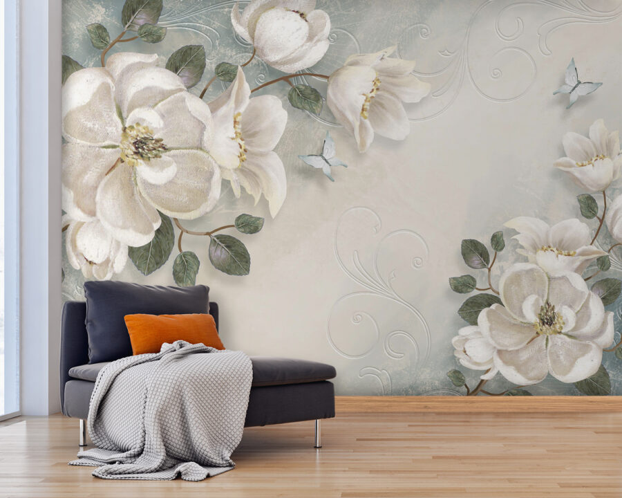 Weiße Blumen und Blätter auf einem weißen Hintergrund