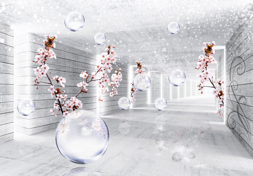 Weißes Zimmer mit Blumen und Seifenblasen Weißes Zimmer mit Blumen und Seifenblasen