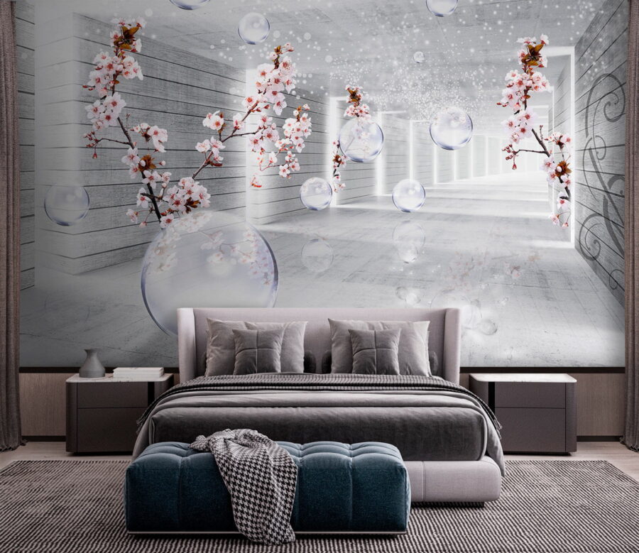 Weißes Zimmer mit Blumen und Seifenblasen